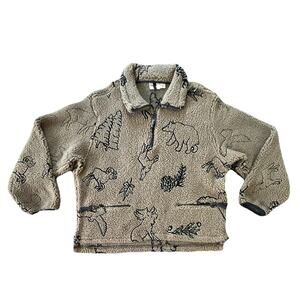 Woolrich 1/4 Zip Pullover Fleece Sherpa Pile Women’s M USA Cabin-core Animal AOP